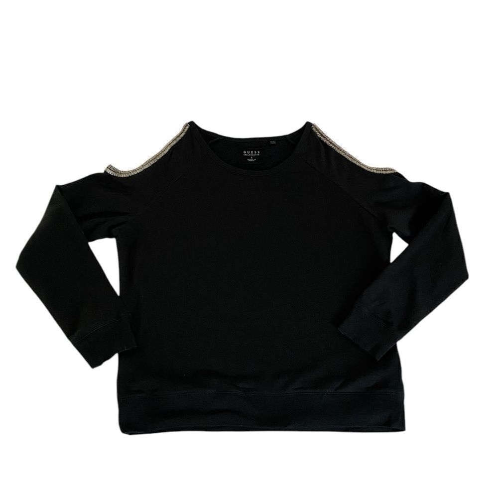 Guess L oversized pullover fleece top, cold shoulder w/ beaded trim